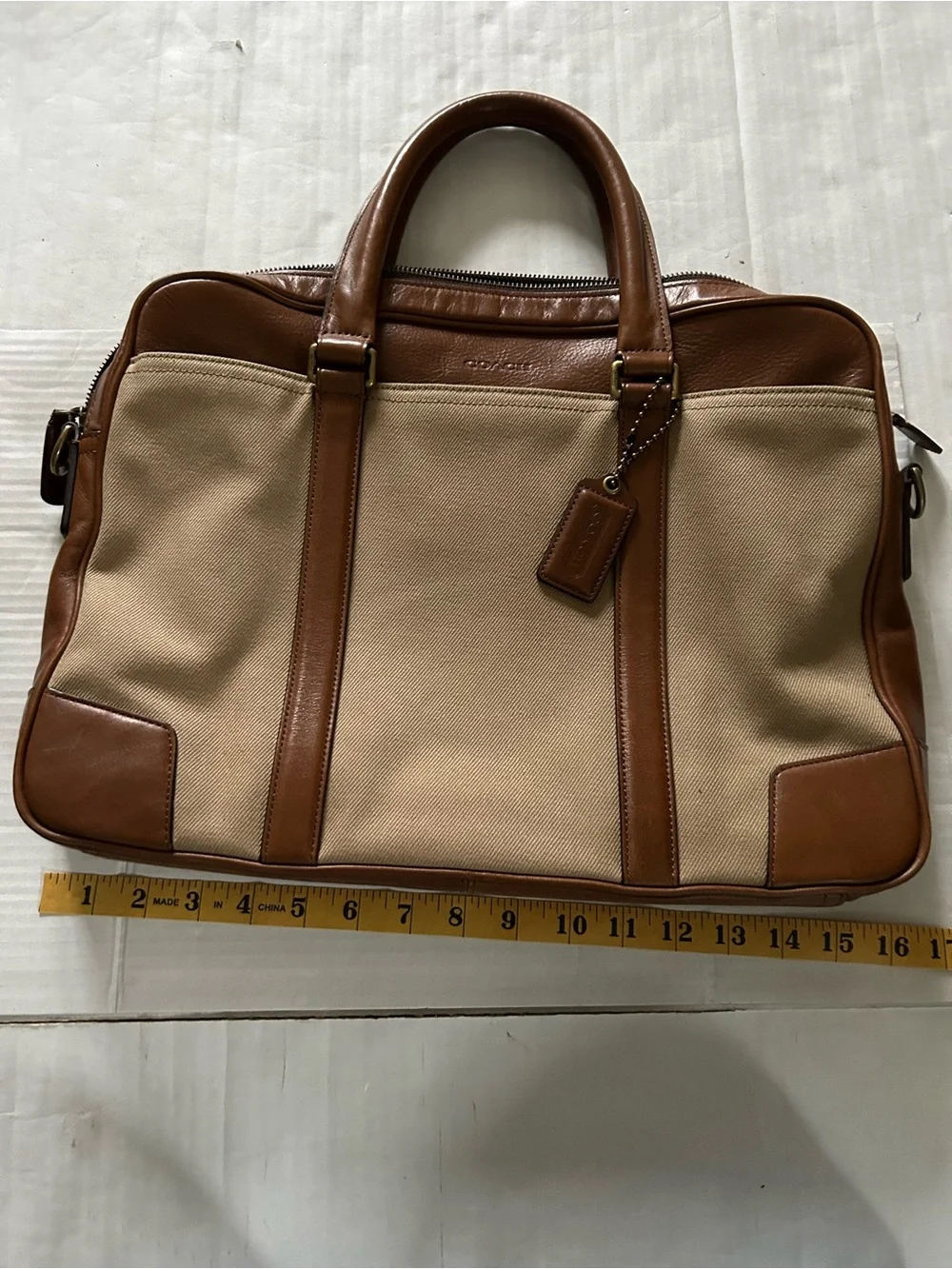 Coach Men’s Bleecker Archival Twill & Leather Briefcase in Tan and Brown 71300